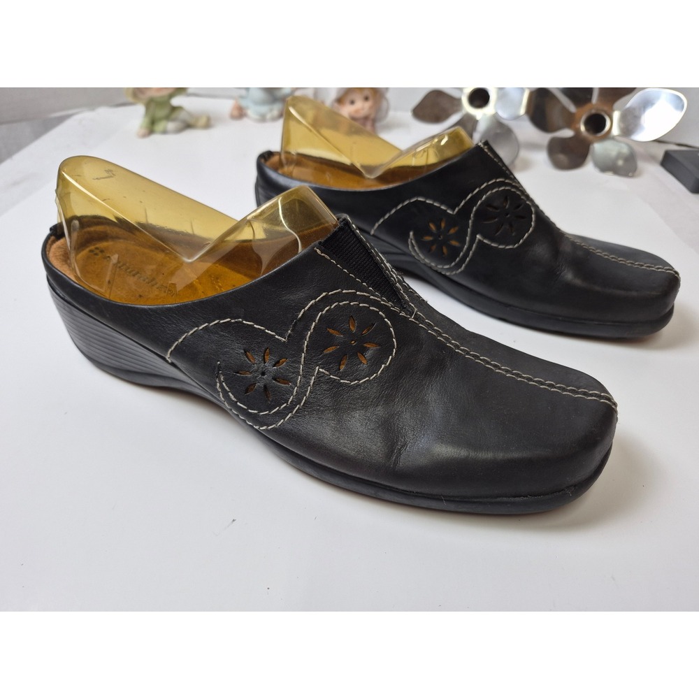 Naturalizer‎ Alexis Black Leather Mules Clogs Contrast Stitch Floral Womens 10M
